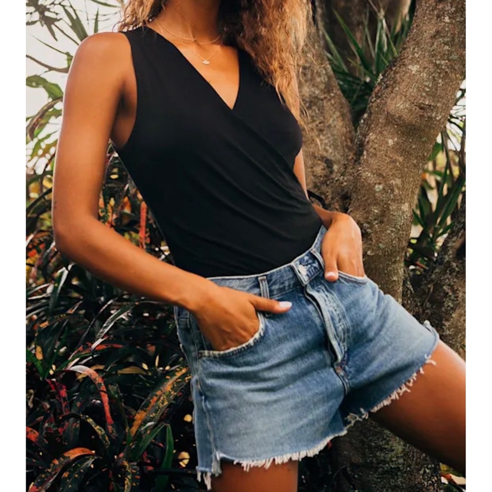 Lulus Staying Basic Black Faux-Wrap Sleeveless Bodysuit Medium New With Tags
